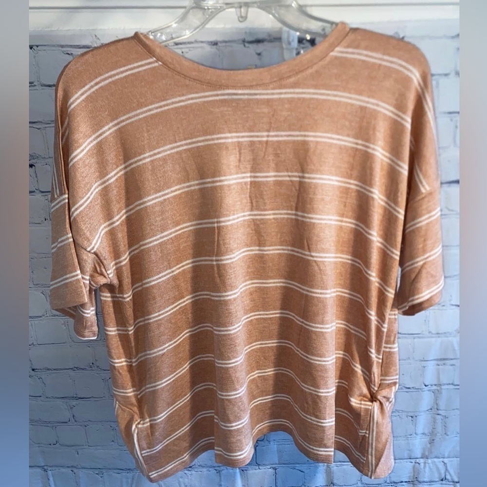 Urban Outfitter New Tie Back Ruffle Hem Short Sleeve Top Striped Knit Amber